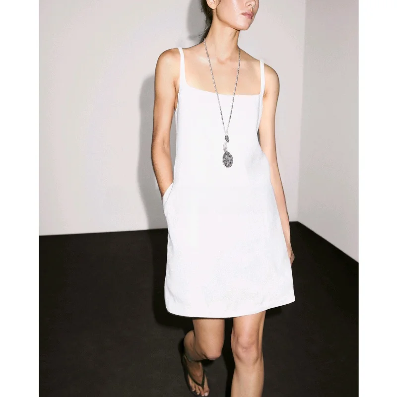 Zomer Nieuwe Dames Vakantie Sle Dr Vierkante Kraag Bal Strap Vest Dr Beige Casual Polyester Vezel 6620530