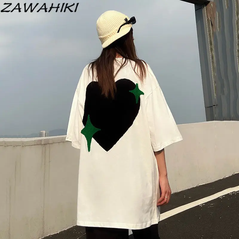 

ZAWAHIKI Graphic T Shirts American Streetwear Letter Embroidery Loose Short Sleeve Fashion Y2K Aesthetic O-neck Kpop Tops Mujer