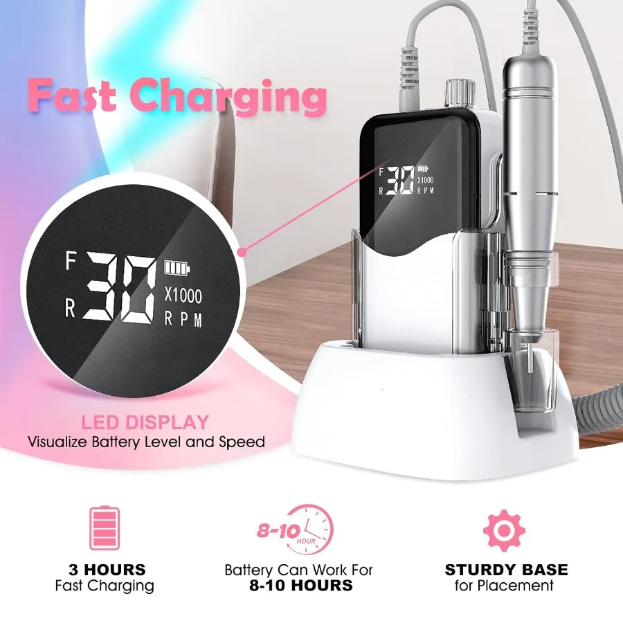 Kit de herramientas de taladro de uñas recargable portátil con lima de uñas eléctrica de alta velocidad de 35000RPM y pantalla LED para manicura profesional