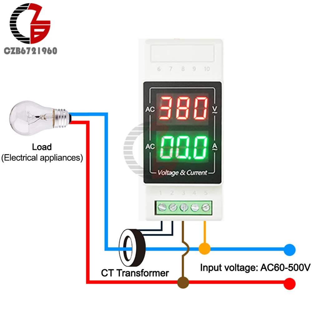 DIN Rail LED Digital AC Voltage Current Meter AC 380V Single-phase 220V Voltmeter Ammeter 10A 50A 100A 200A 500A Car Volt Detect