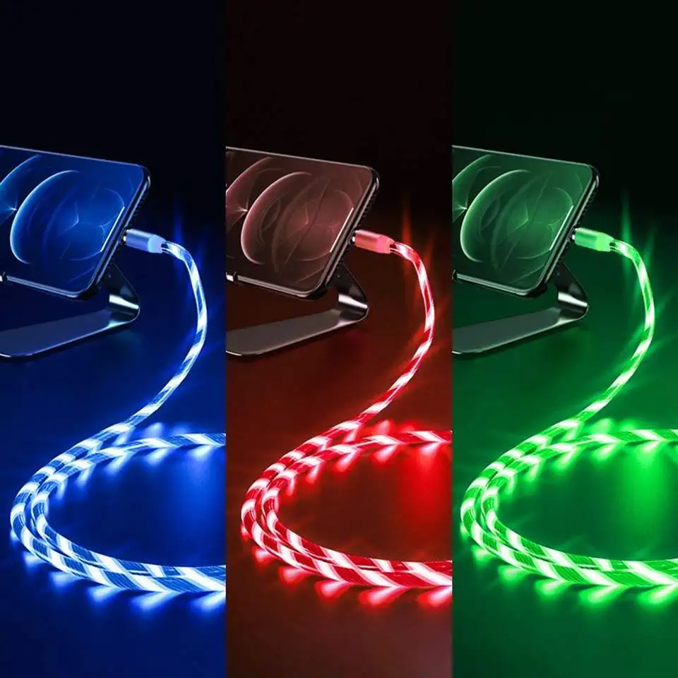 MVQF 2M Magnetic Flow Luminous Lighting Charging Mobile Phone Cable Cord Charger Wire For Iphone 14 Samaung LED Micro USB Type C