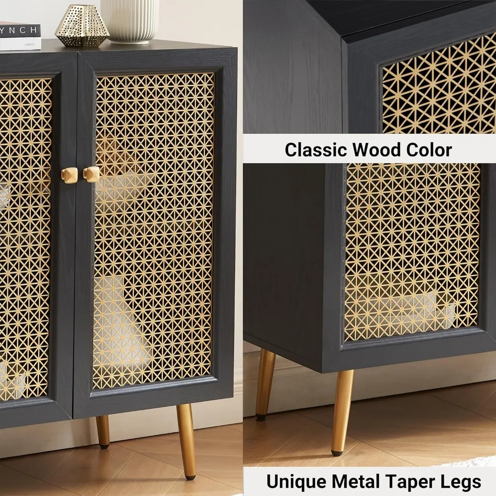 بوفيه خزانة جانبية للتخزين باللون الأسود مع أبواب شبكية معدنية، وخزانة وحدة تحكم متعددة الوظائف لغرفة المعيشة، وتناول الطعام