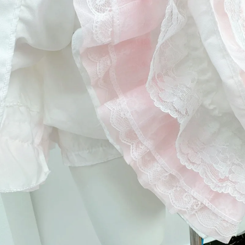 Pink and White Melody Sweet and Spicy Hanging Neck Set for Girls Lolita Lace Cake Short Skirt Soft Girl Cute Two Piece Set view 2
