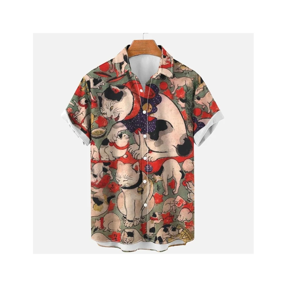 

Мужские рубашки с принтом животных и кошек, летняя одежда в стиле аниме, ретро, гавайская пляжная рубашка, мужские уличные повседневные топы с короткими рукавами