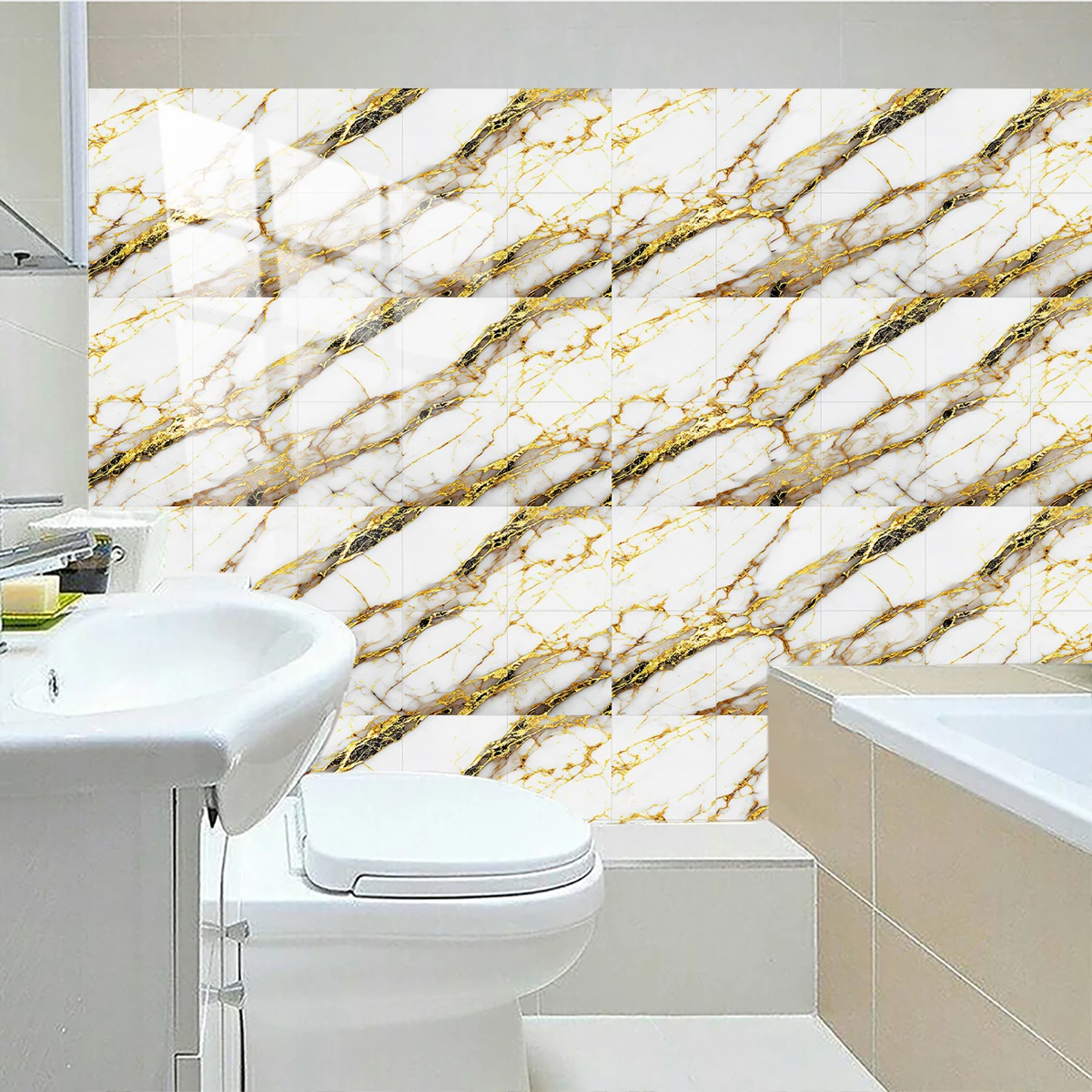 Gold & White Marble Tiles Sticker Kitchen Backsplash Oil-proof Bathroom Peel & Stick Waterproof Surface Gloss Art Wall Decals