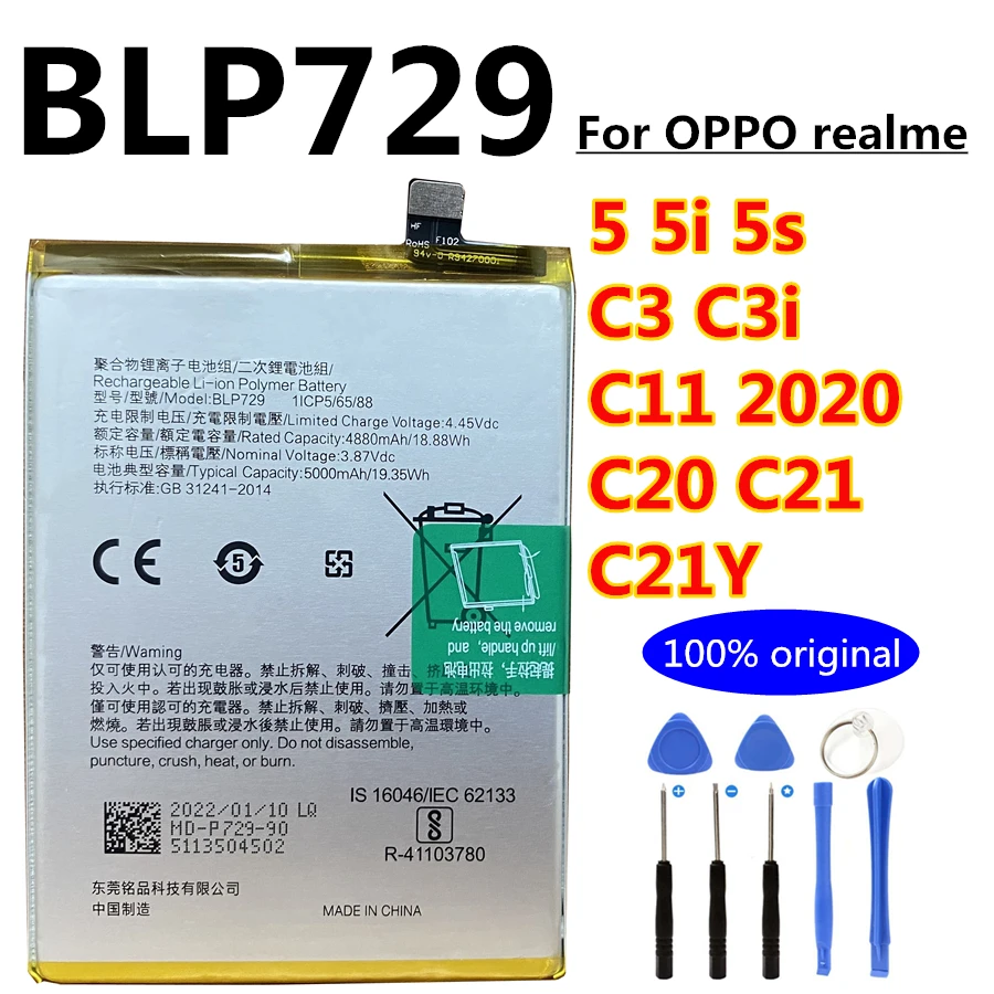 Original 5000mAh BLP729 Phone Battery for Oppo Realme C3 C3i 5 5i 5s C11 2020 C20 C21 C21Y RMX2020 MX2021 RMX2027 RMX2030 2032