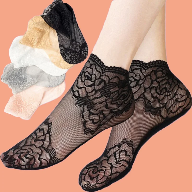 

5/10 Pairs Women Mesh Low Cut Ankle Socks Slippers Female Anti-Slip Sexy Short Socks Hollow Lace Flower Boat Socks