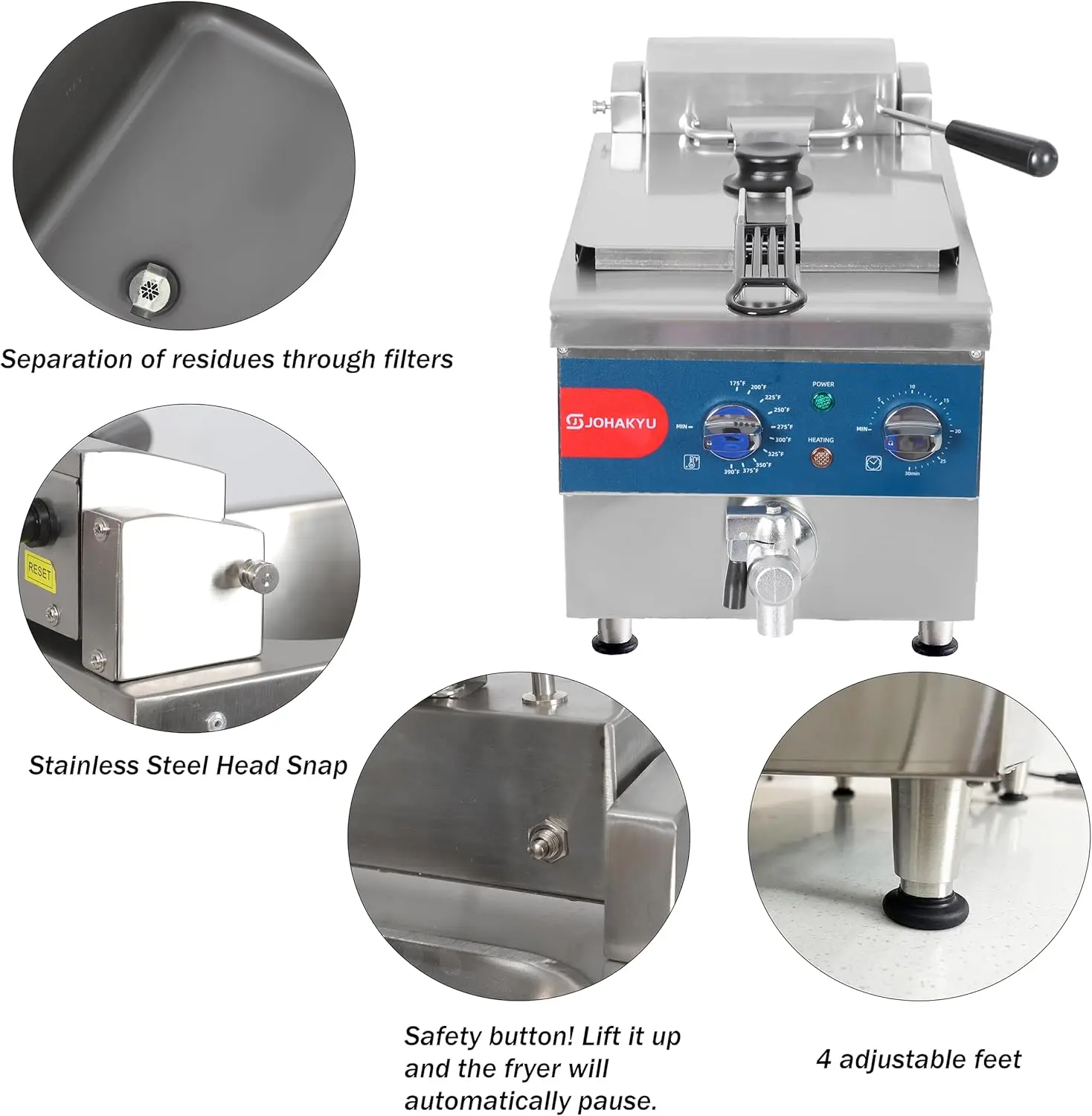 Freidora comercial de 6L con cesta, freidora eléctrica con temporizador, drenaje, cabezal de freidora oscilante, encimera eléctrica de 120v 1800w