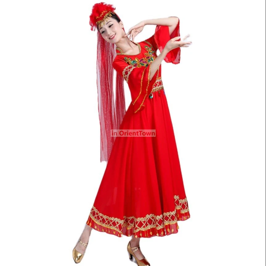 Chiński tancerz ludowy, czerwony strój sceniczny, ubrania do tańca ujgurskiego z Xinjiang, strój etniczny dla dorosłych, spódnica do tańca z efektem wahadła.