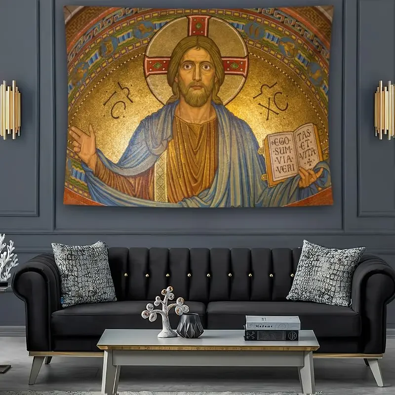 VIKAMA Byzantine Jesus Icon Tapestry Gold Mosaic Religious Spiritual Wall Art Christian Hanging for Bedroom Living Room Prayer