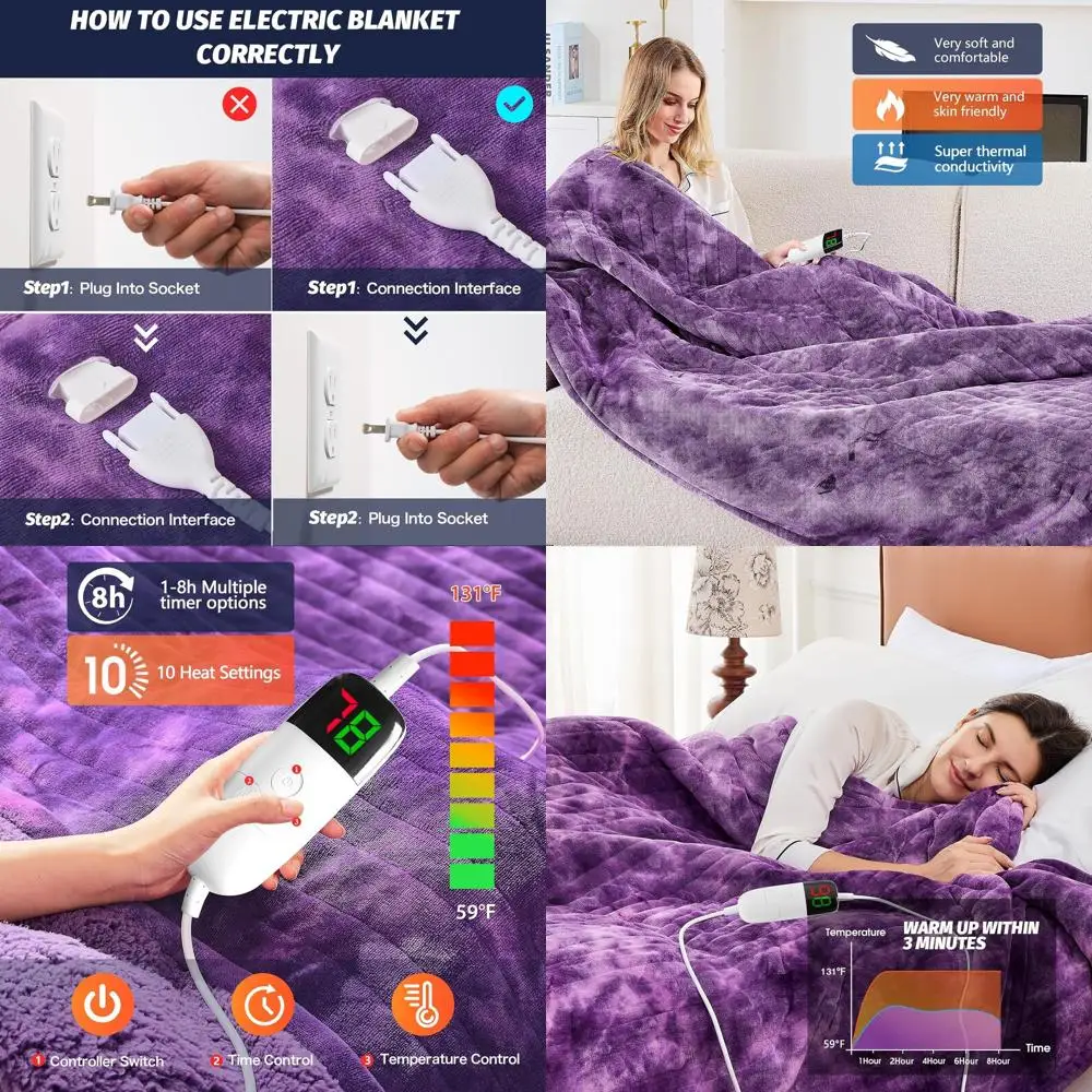 

Электрическое одеяло из шерпа из искусственного меха с 5 таймерами и 10 уровнями нагрева, 84x90, фиолетовое, идеальное грелка для дивана-кровати