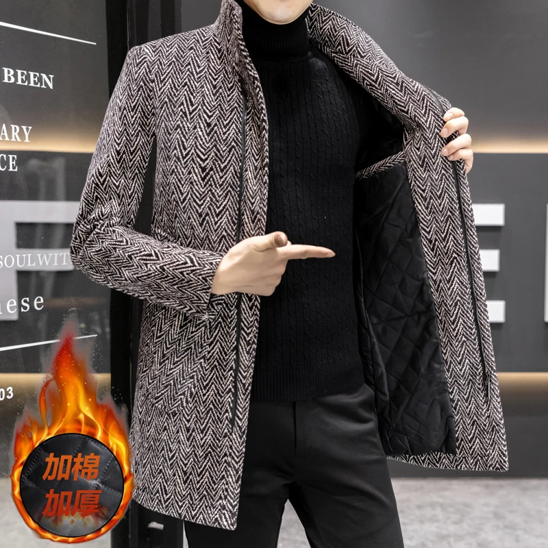 Korean Medium Length Woolen Jackets Men Versatile Casual Business Trench Coat Slim Thick Warm Streetwear Windbreaker Overcoat