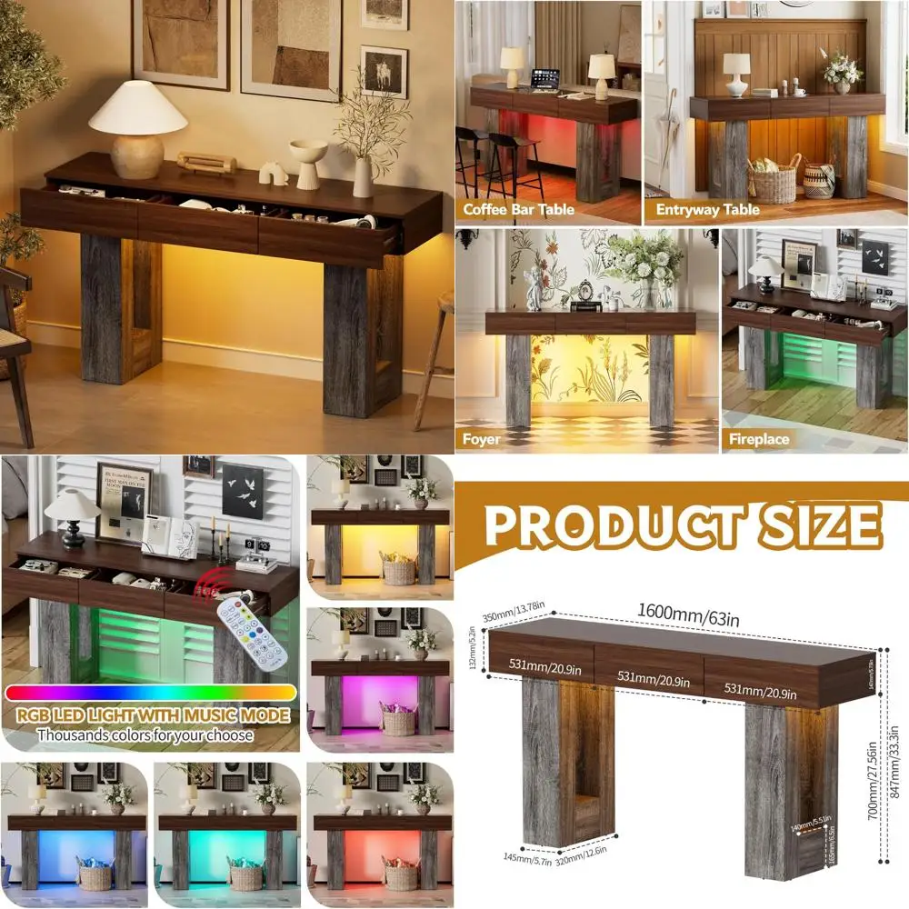 Farmhouse Style 63 LED Lighted Console Table with Storage Drawers, Wooden Entryway Sofa Table