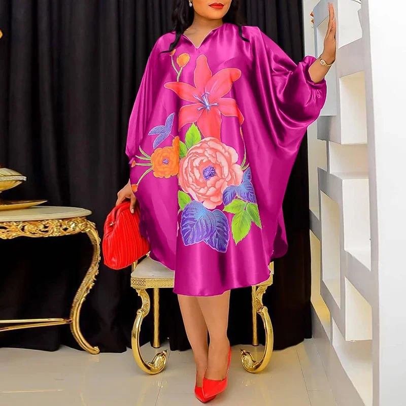 Plus rozmiar 5XL VONDA damska Sundress 2024 jesienna kwiatowe w stylu boho z nadrukiem elegancka spódniczka Midi 3/4 rękaw w kształcie skrzydła nietoperza luźna w stylu Retro szlafrok