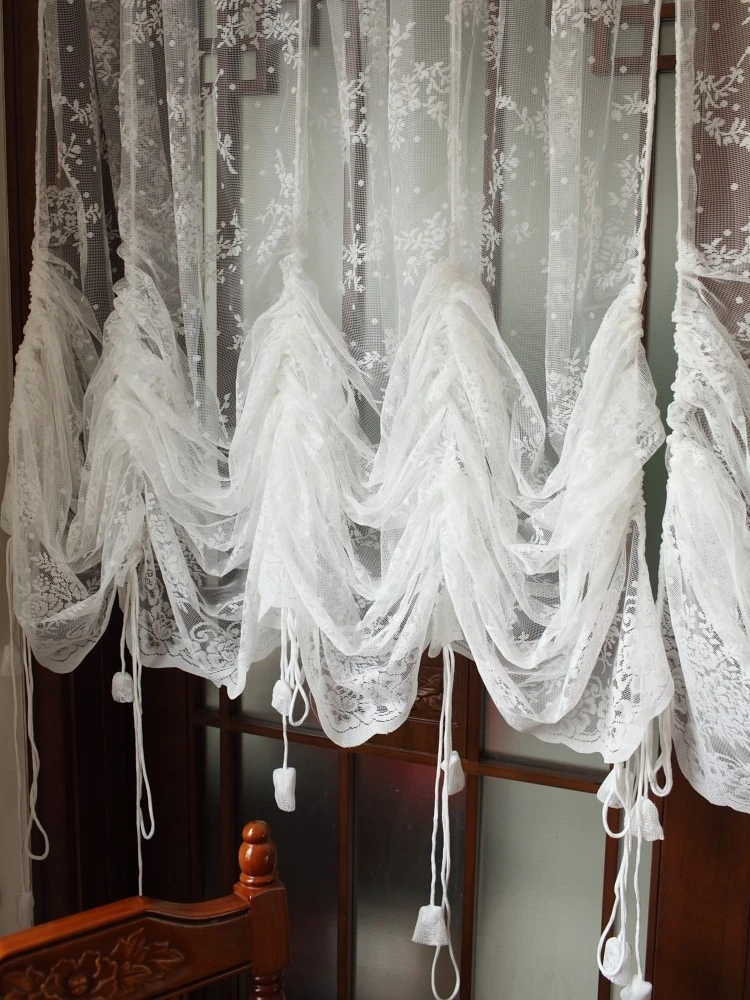 Roman Balloon Curtain Partition White Lace Gauze Floral Drawstring Pull Valance for Living Room Bedroom Rod Pocket Style