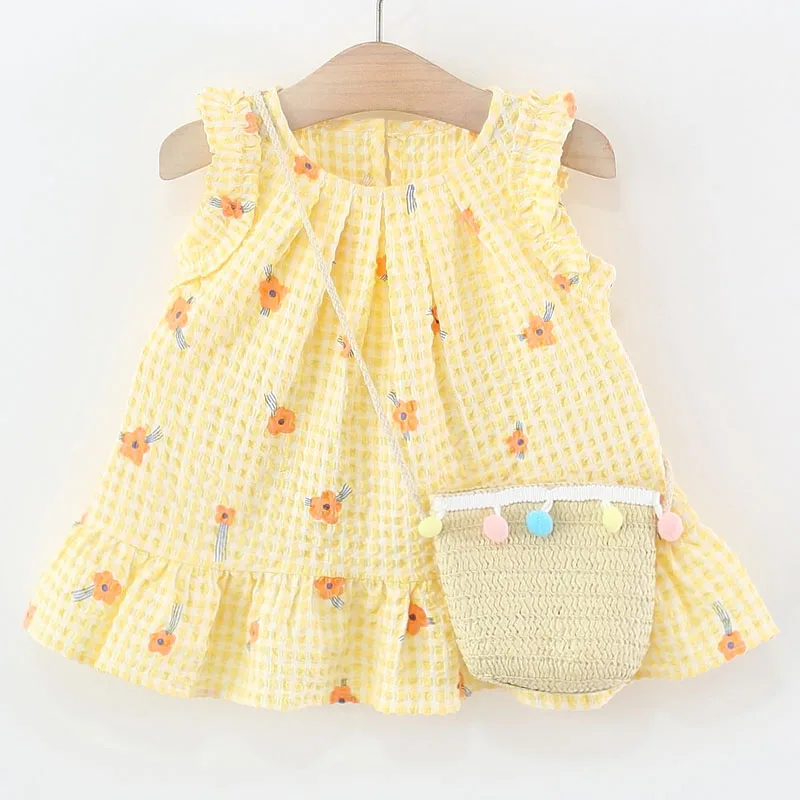 

Summer Baby Dresses Kids Girls Clothes Korean Cute Plaid Flowers Sleeveless Cotton Princess Sundress+Bag Sets Toddler Dress B080