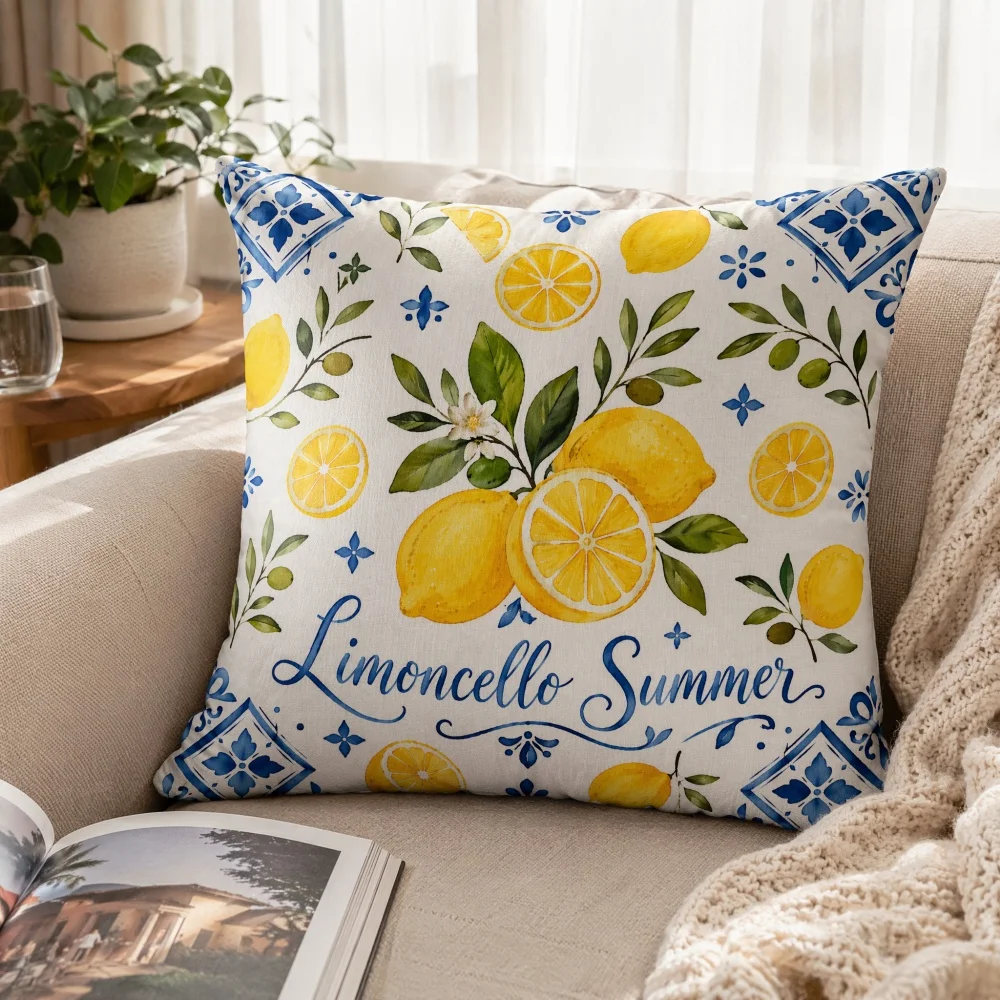 Limoncello Summer Lemon Blue Tile Throw Pillow Mediterranean Floral Square Cushion Farmhouse Sofa Home Decoration