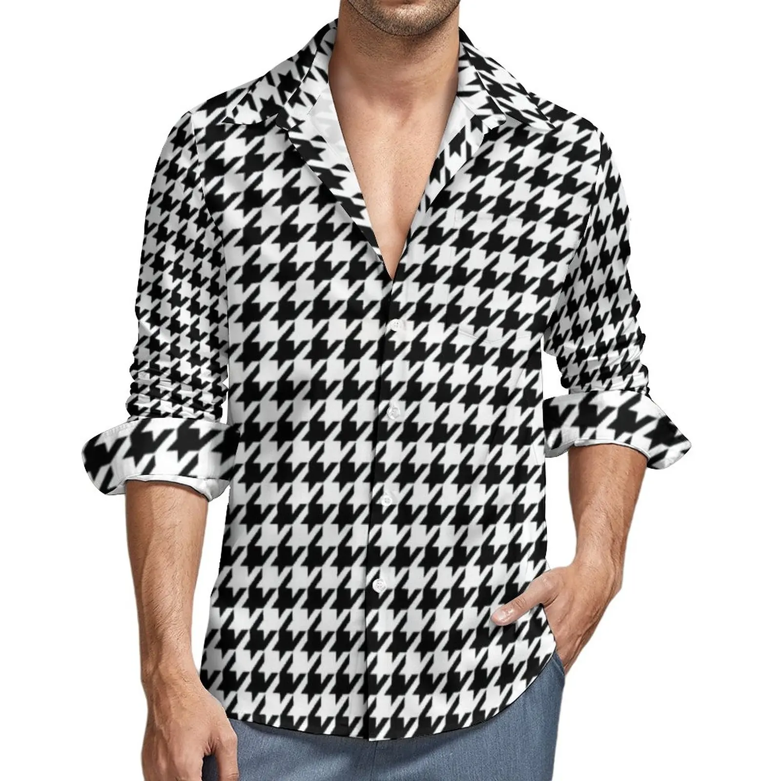 

Retro Houndstooth Shirt Man Abstract Checkered Casual Shirts Spring Funny Custom Blouses Long Sleeve Fashion Oversized Clothes