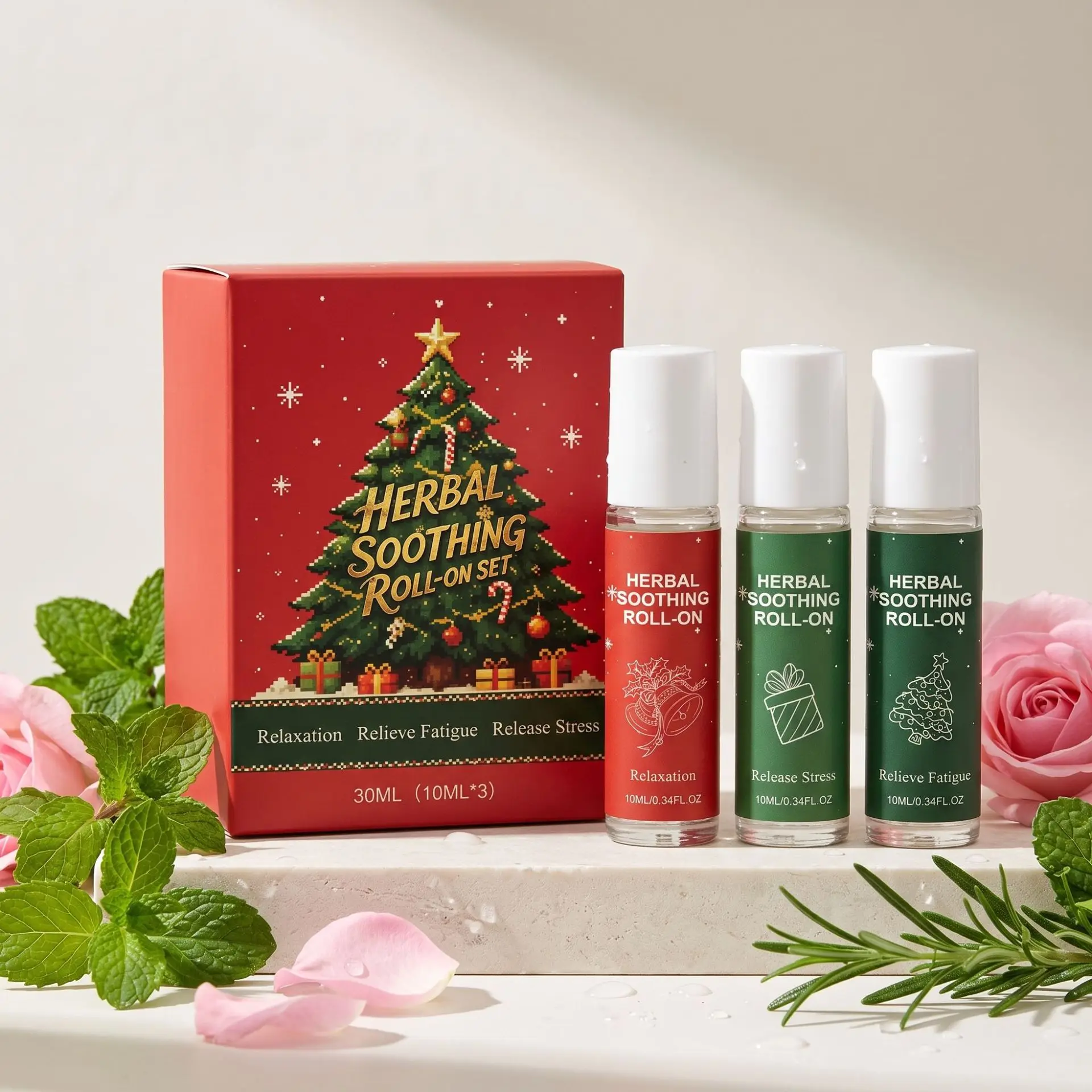 Herbal Soothing Roll On Christmas Gift Set Natural Plant Extract Aroma Roller Stress Relief Portable Holiday Present For Women