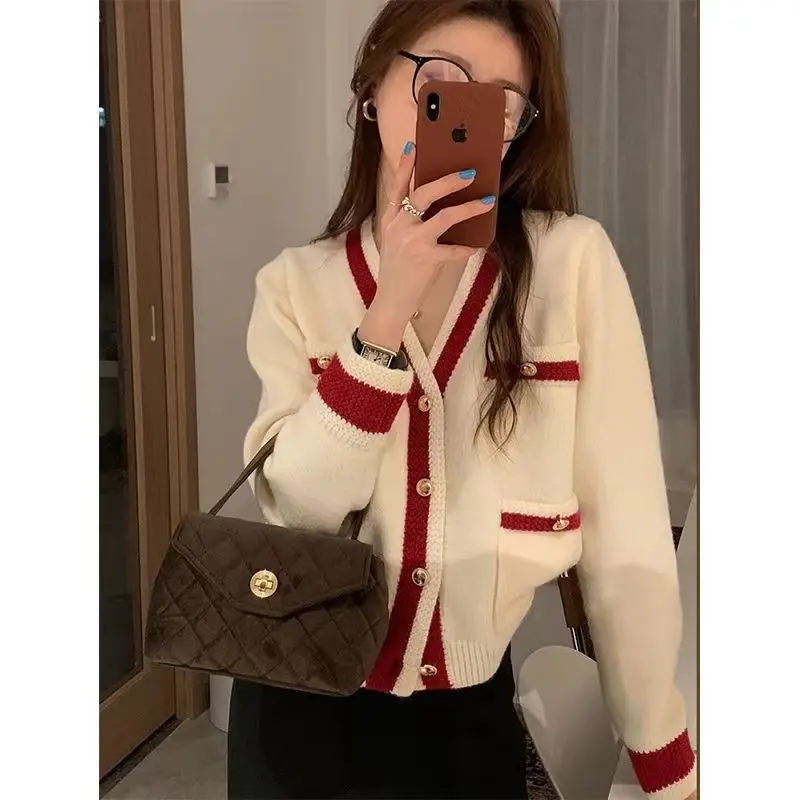 V-neck Knitting Cardigan Coat Women Autumn Simplicity Long Sleeve Casual Sweater Office Lady All-match Fashion Knitwear Tops