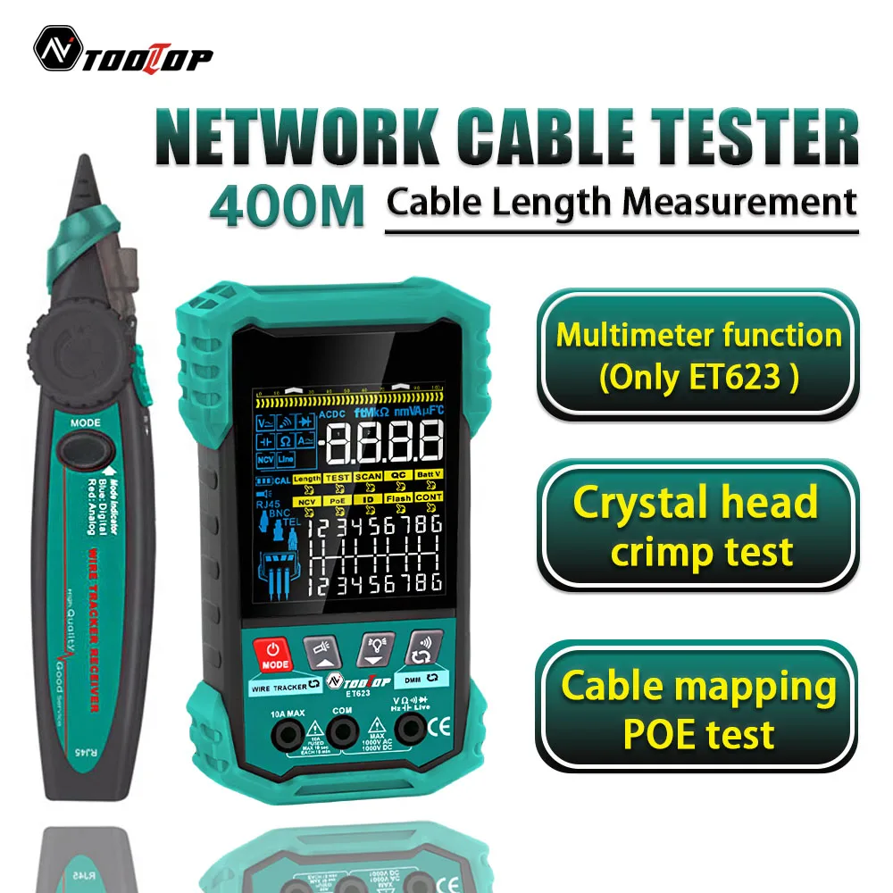

TOOLTOP 400M Length Measure Network Cable Tester POE Test LAN Cable Mapping 3.2-Inch Multimeter Network Maintenance Tools