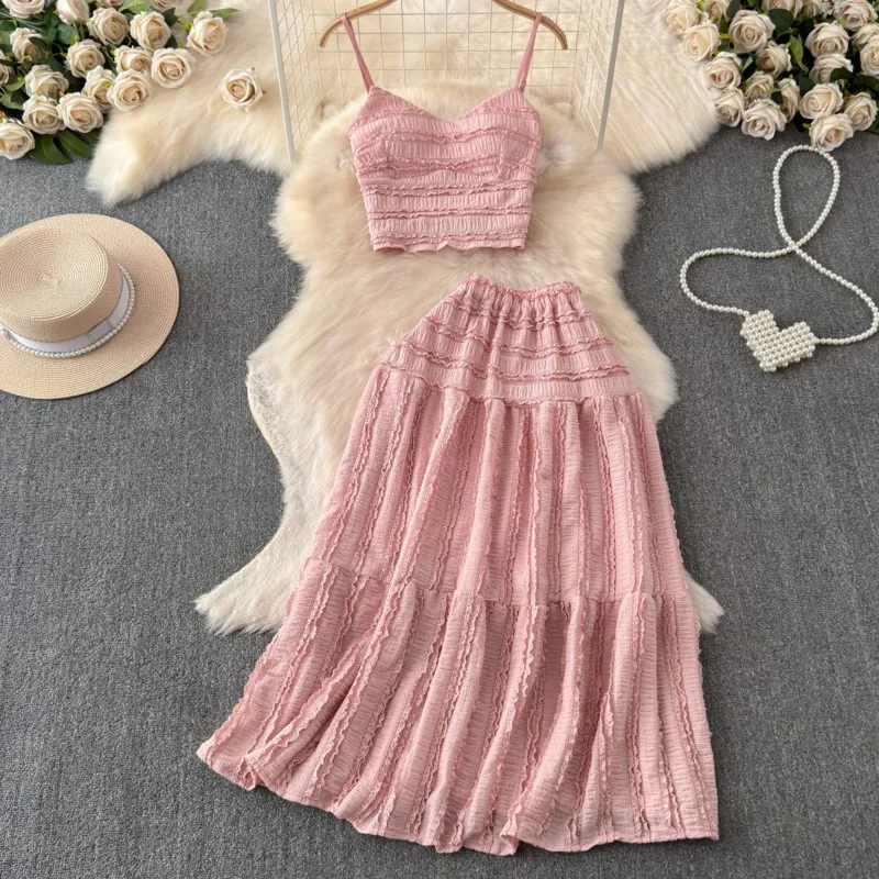 Elegant and Chic Women Summer Skirts Suit Spaghetti Strap Crop Tops A-Line Saya Outfits Female Beach Holiday Two Pieces Set