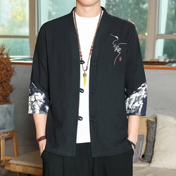 Men Chinese Style Shirts Mens Tops Tang Suit Linen 3/4 Sleeve Solid Traditional Kung Fu China Type Hanfu Shirt Male Loose tops