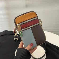 Bolsa de ombro de couro genuíno para mulheres, Multi Zipper, Couro macio, Bolsa pequena para celular, Costura colorida, Aleatório, Meninas, 100%