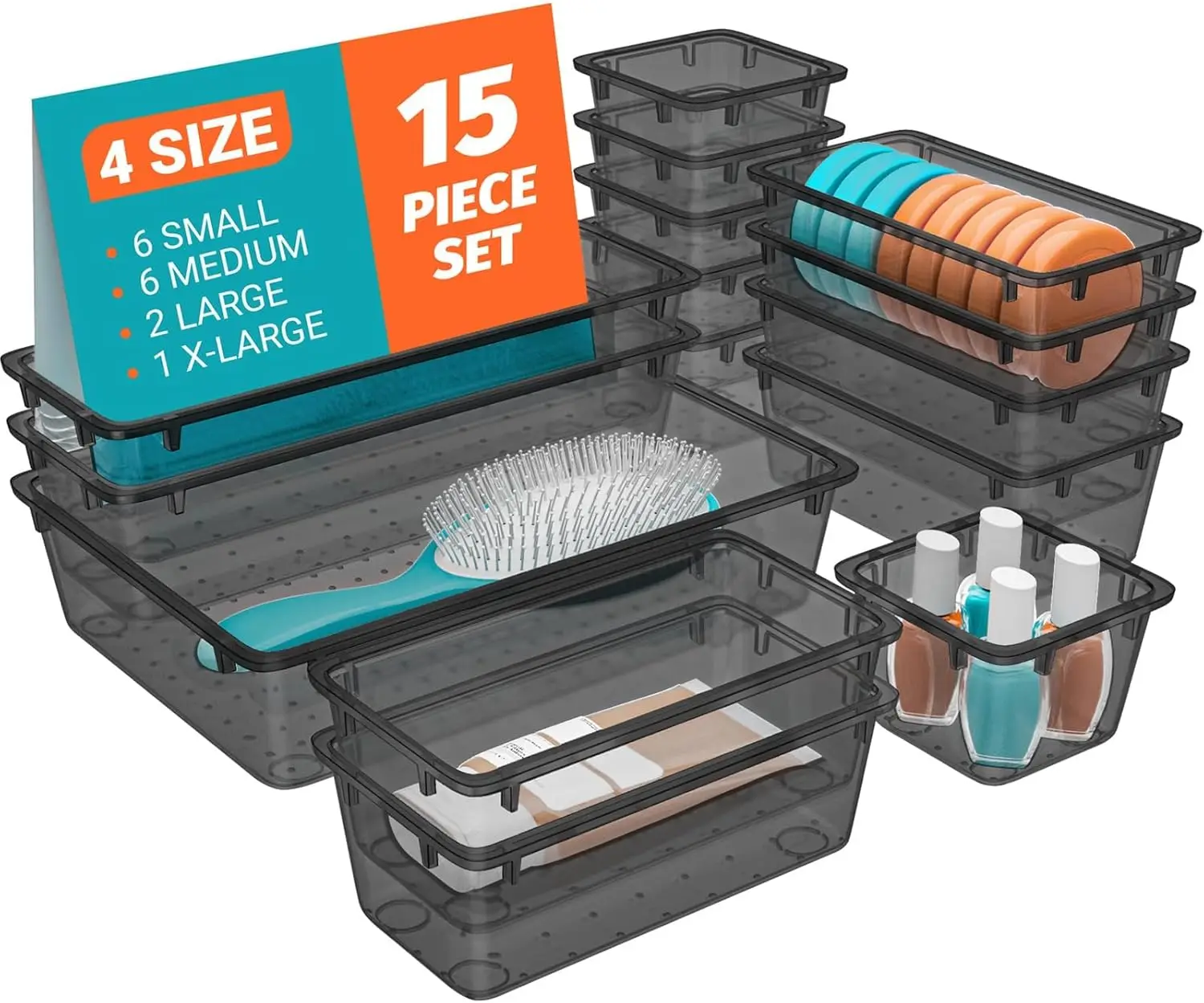 

15 PCS Clear Drawer Organizer Set, 4-Size Acrylic Storage Trays for Makeup, Jewelry & Gadgets - Bathroom, Bedroom & Office