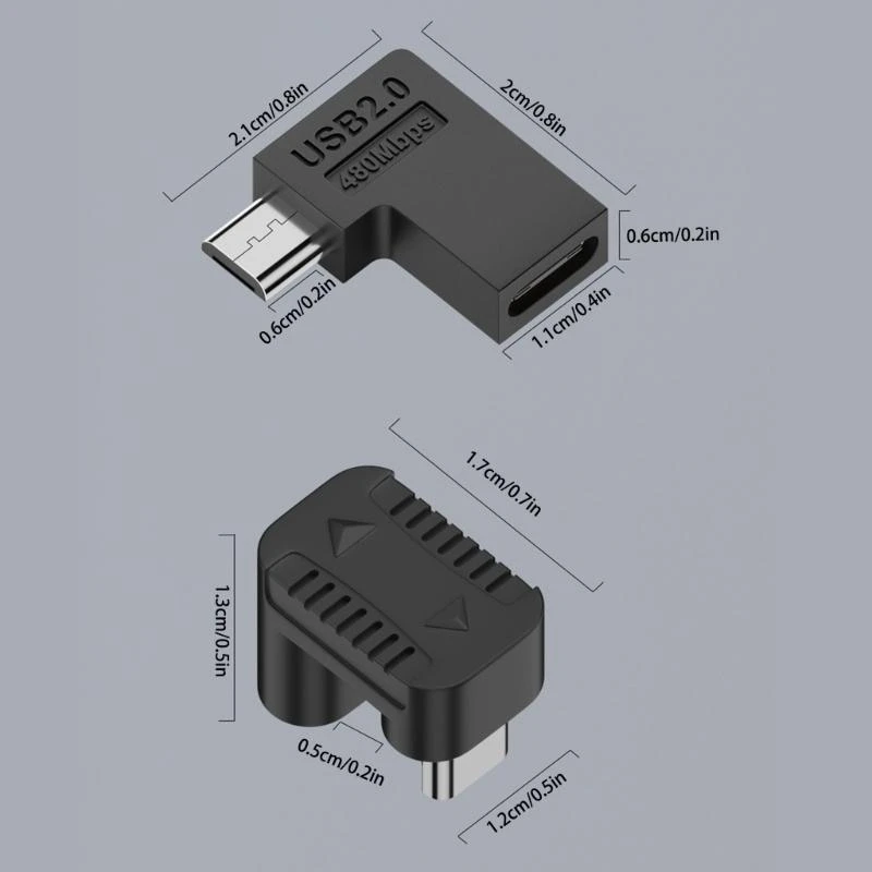 090F 마이크로 USB에서 USB C 어댑터 90도 마이크로 USB 타입 C 데이터 전송 변환