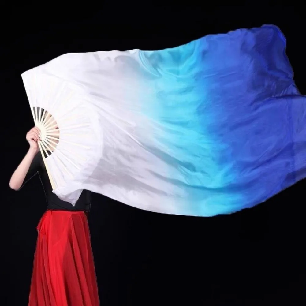 120/150/180cm Kid Women Belly Dancing Fan Tricolor Gradient Light Blue/Blue Practice Long Imitation Silk Fans Right&Left Hands