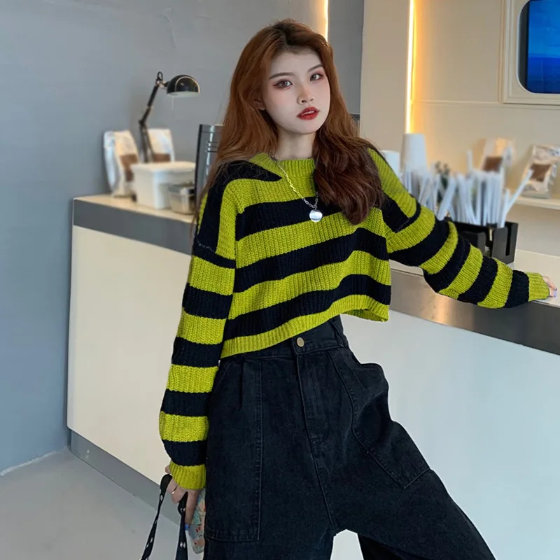 Women Deeptown Korean Style Striped Cropped Sweater Vintage Oversize Knit Jumper Female Autumn Long Sleeve O-neck Pullovers Tops