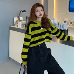 Women Deeptown Korean Style Striped Cropped Sweater Vintage Oversize Knit Jumper Female Autumn Long Sleeve O-neck Pullovers Tops