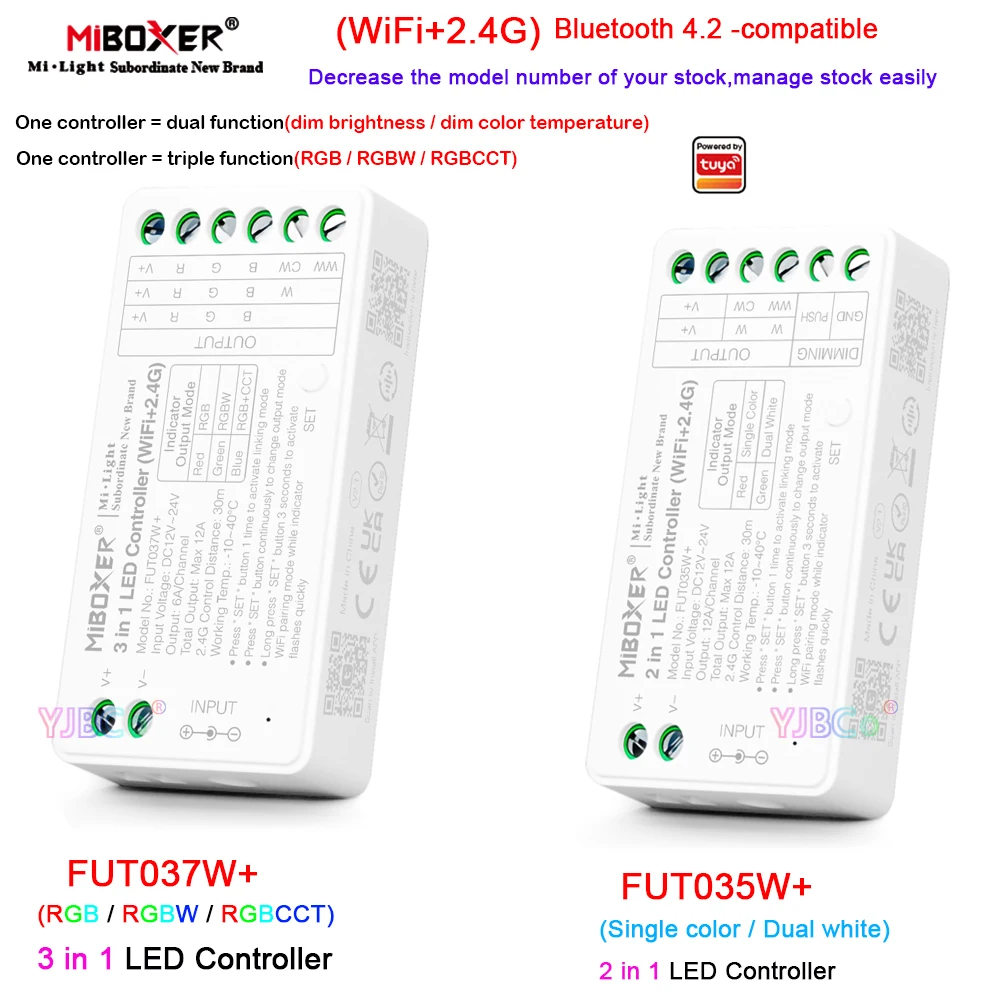 

Miboxer Tuya 2.4G WiFi dimming/CCT/RGB/RGBW/RGBCCT LED strip tape Controller Bluetooth 4.2 12V 24V 2 in 1/ 3 in 1 Light Dimmer