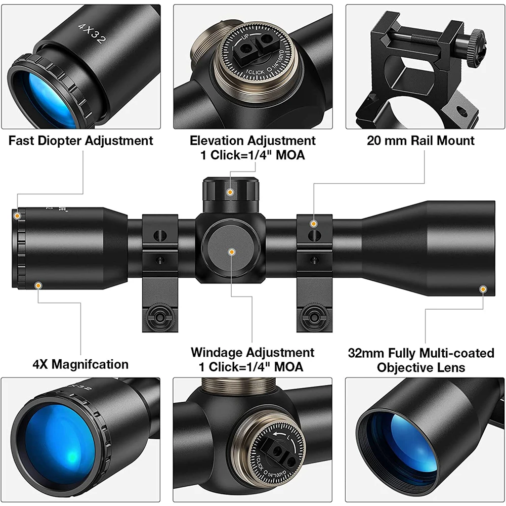 4x32 Compact Rifle Scope Crosshair Optics Hunting Riflescope Sight Gun Scope Hunting Optics Scope for 11/20mm Picatinny Rail