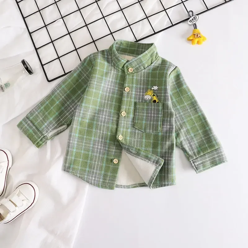 Winter Boys Shirt New Plaid Giraffe Kids Long Sleeve Shirts Children's Cotton Clothes Kids Boy Girls Thicken Blouses Velvet Tops image 2