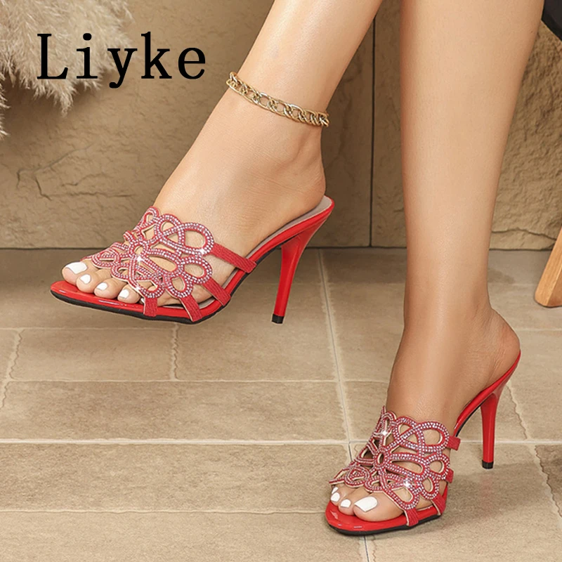 

Новые модные красные туфли на высоком каблуке Liyke для женщин, летние сандалии с узким ремешком и кристаллами, женские мюли, шлепанцы