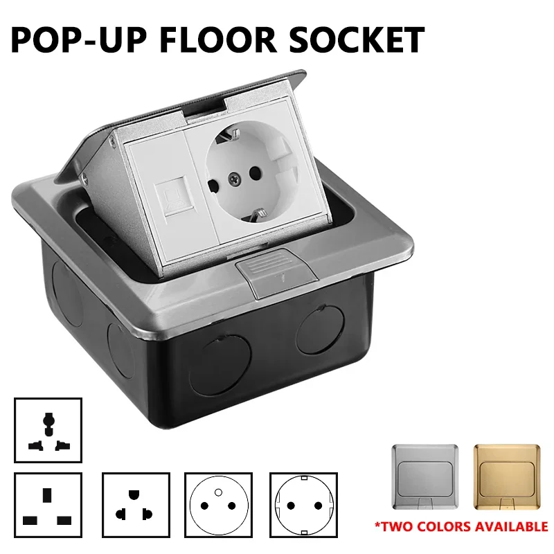 Pop-Up Desktop/Floor Socket EU/FR/US/UK/Universal Standard Metal Panel Table 250V 16A Aluminum Alloy Box Waterproof Outlet