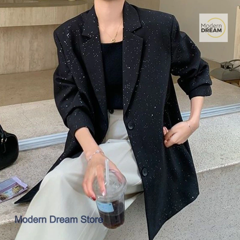 French fashion style black sequined suit jacket women's spring and autumn new plus size loose design retro temperament suit