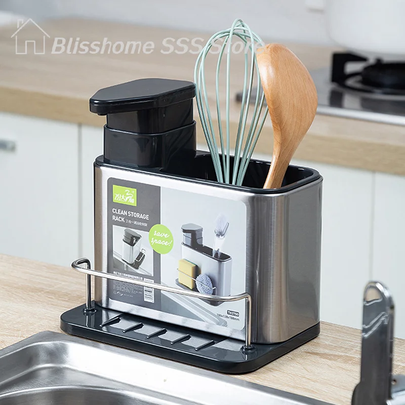 【S】3-in-1 Kitchen Stainless Steel Tableware Soap Dispenser, Sponge Holder, Sink Organizer Drain Rack, Suitable For Kitchen