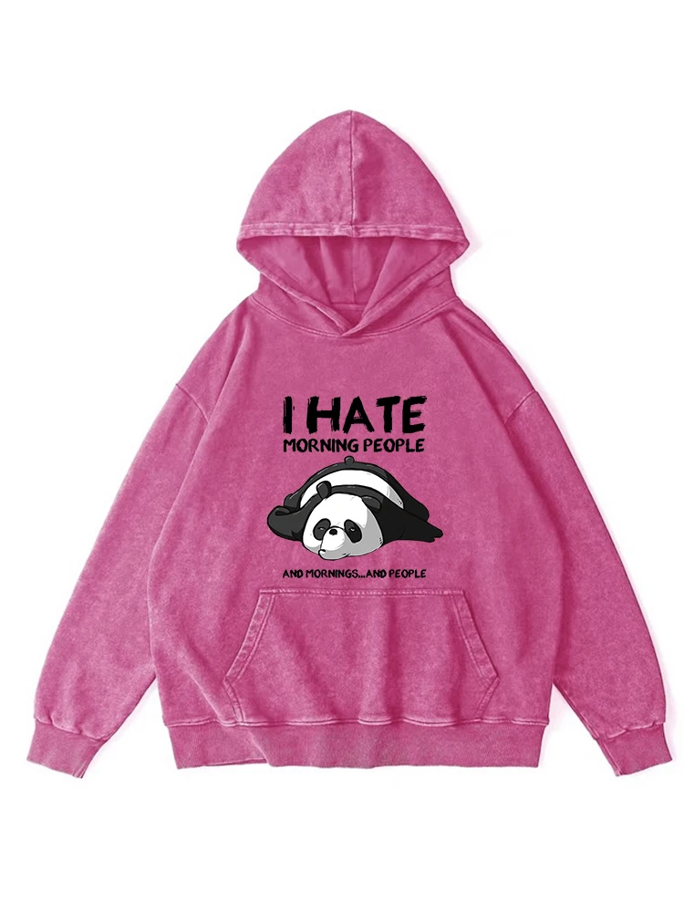 Panda Lying Down Kawaii Printing Men Distressed Washed Cotton Hooded Vintage Oversize Casual Cute Hoodie Simple Warm Clothes