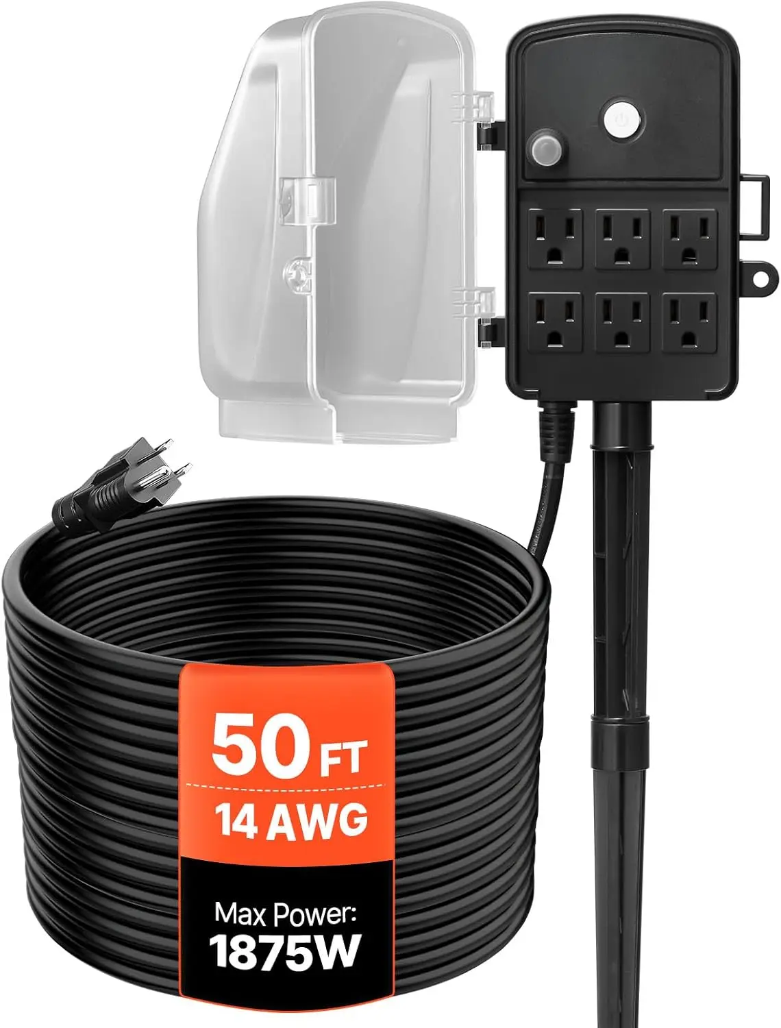 Outdoor Power Stake, 50 FT Extension Cord, Weatherproof Strip with Cover and Overload Protection, 6 Outlets, 15A/1875W