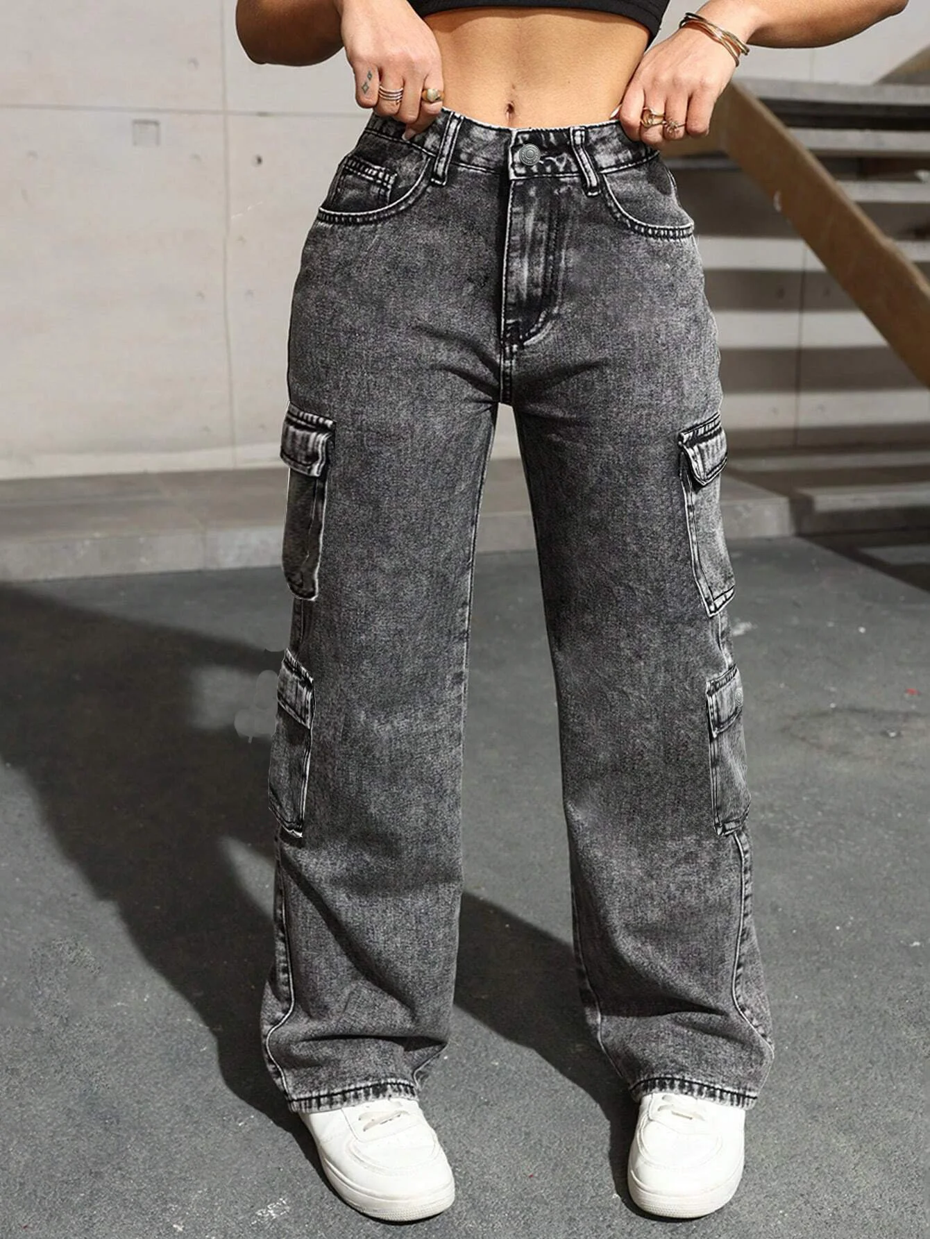 Women's Vintage Washed Grey-Black Ripped Cargo Wide Leg Jeans, Multi-Pocket Loose Flare Denim Trousers