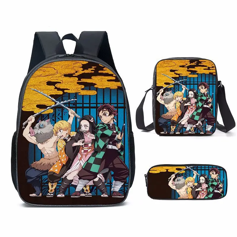 New Demon Slayer Anime Backpack Kamado Tanjirou Student School Bags Kimetsu No Yaiba Bags Girls Boys Three-Pieces Notebook Bag