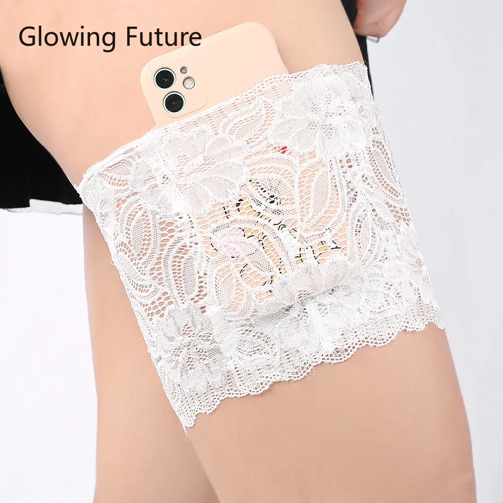 Glowing Future Sexy Lace Leg Warmer Socks Non-slip Silicone Mobile Phone Pocket Breathable Fashion Ladies Thigh Garter Socks