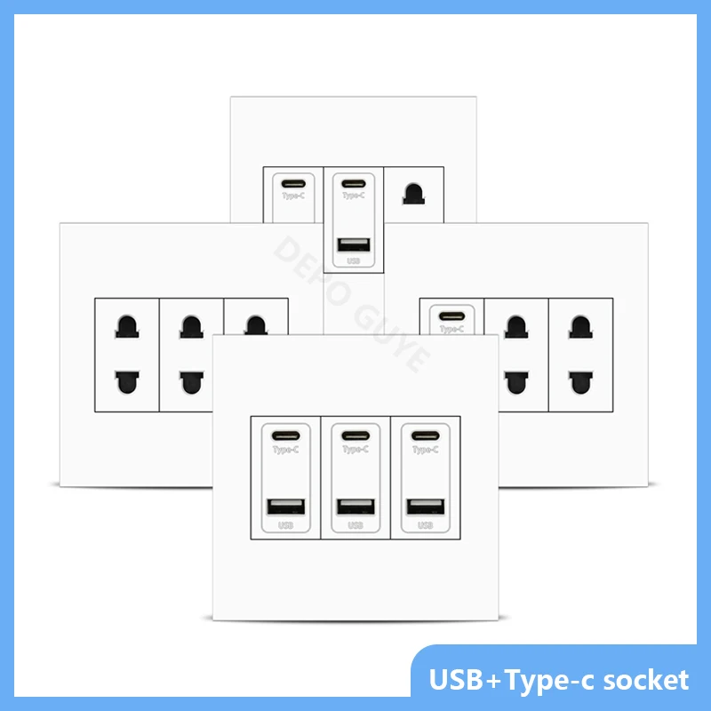 

Стандартная настенная розетка USB-порта типа C, ЕС, Великобритания, универсальная электрическая розетка USB типа c 220 В, белая розетка с 2 отверстиями