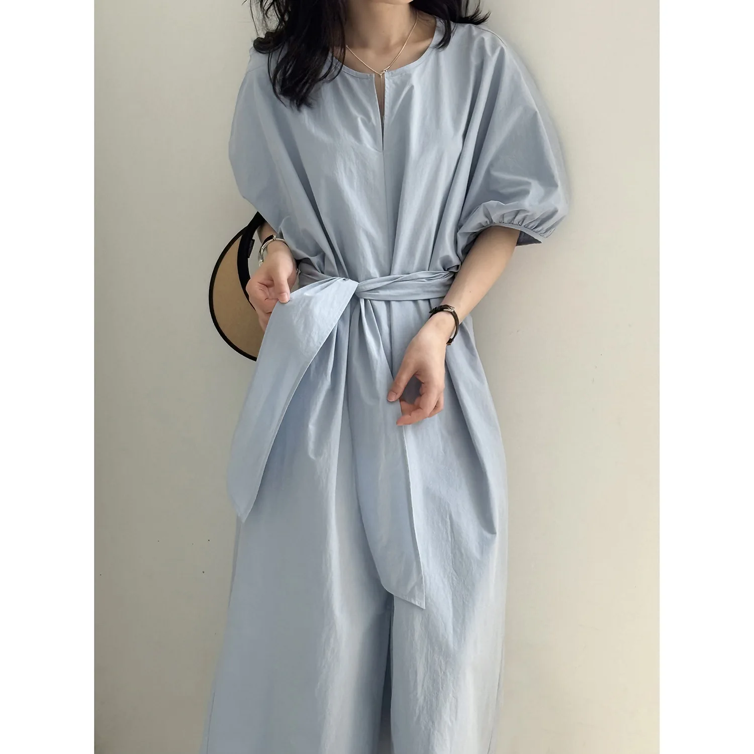 2025 Summer Women's Casual Bubble Sleeve Dress  Cotton Tie-Waist A-Line Long Dress, Loose Boho Style, Short Sleeve 82399