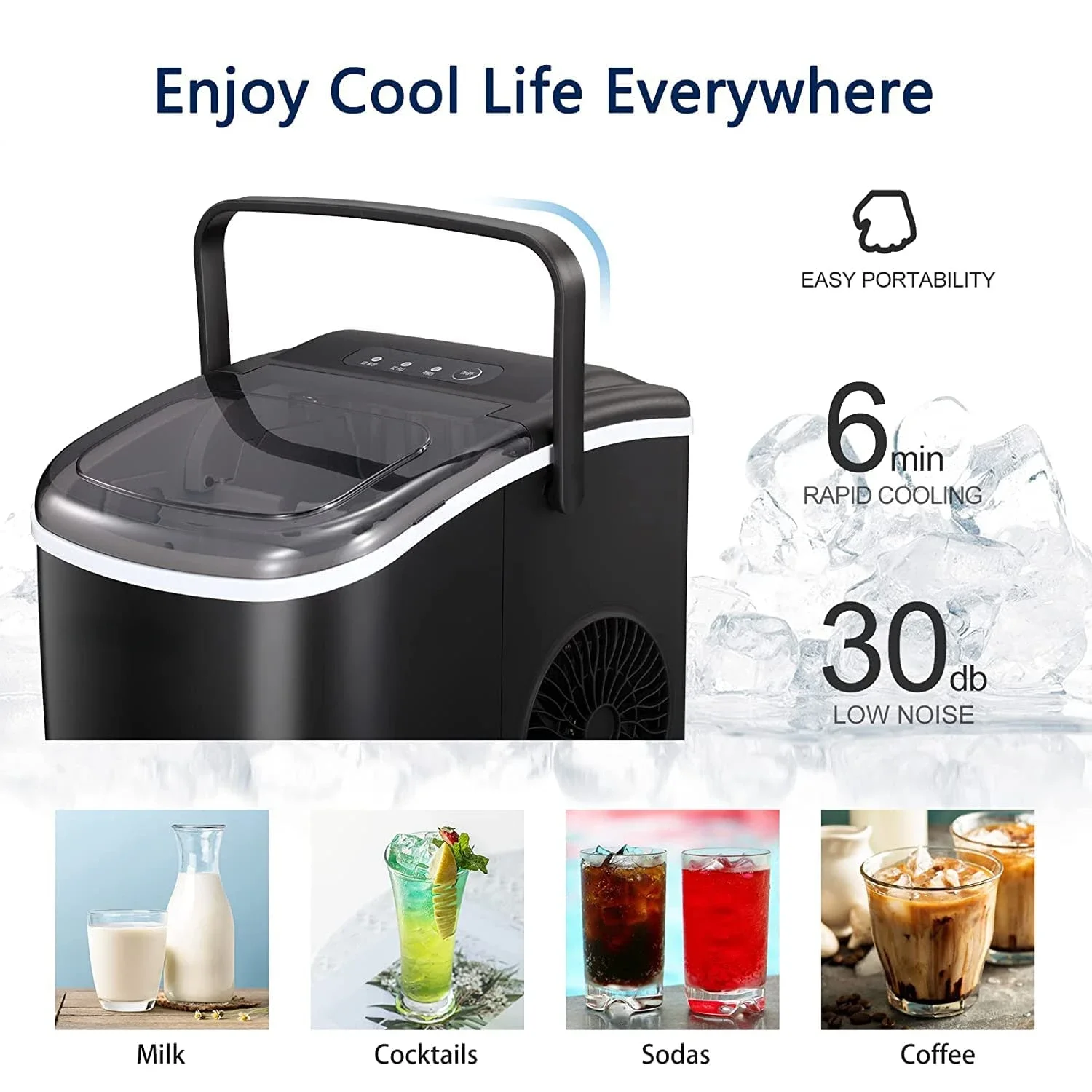 Countertop Ice Maker with Convenient Handle, Fast 9 Ice Cubes in Just 6 Minutes, 26Lbs in 24 Hours, Self-Cleaning Ice Machine wi