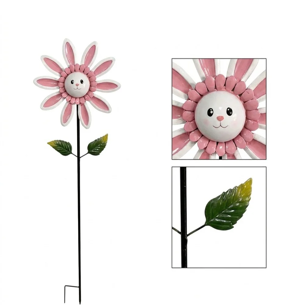 Outdoor Pink Bunny Flower Garden Stake Metal for Yard Lawn Path 110cm Height Wrought Iron Rust Resistant Design