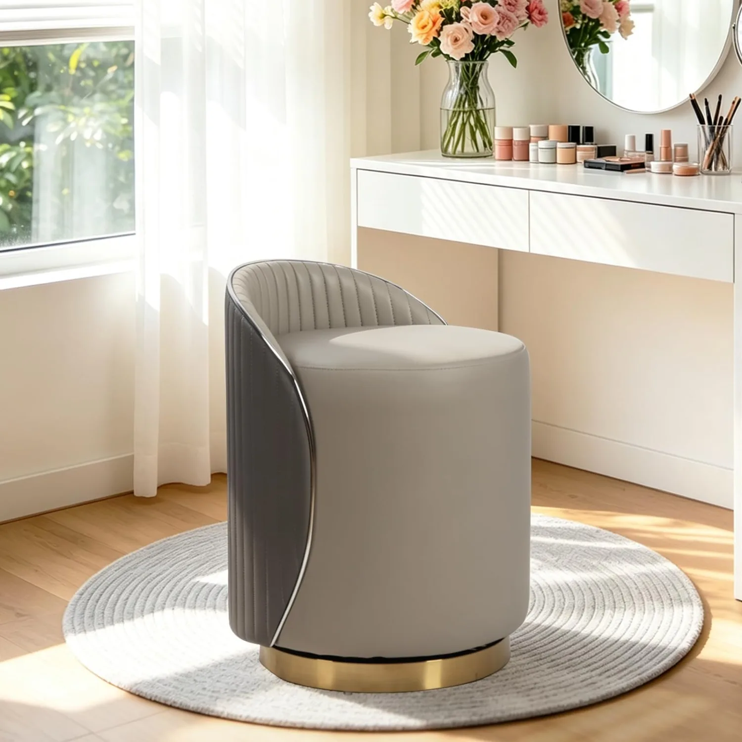 360° Swivel Vanity Stool, Makeup Stool with Wave Back, Supports 440lbs, Nappa Leather Material, Round Barrel Vanity